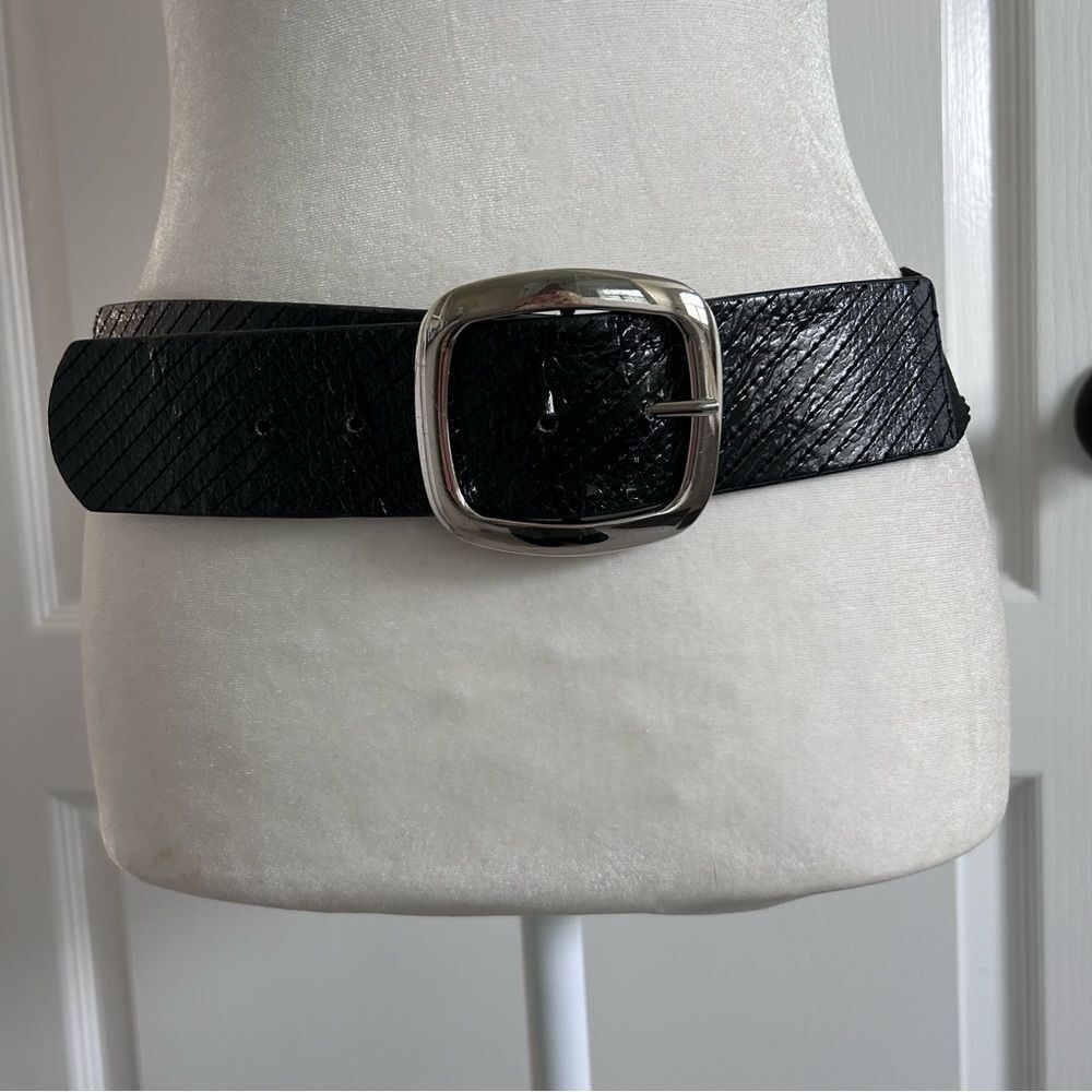 Black Wide Stretch Belt with Silver Statement Buckle Textured Faux Leather
